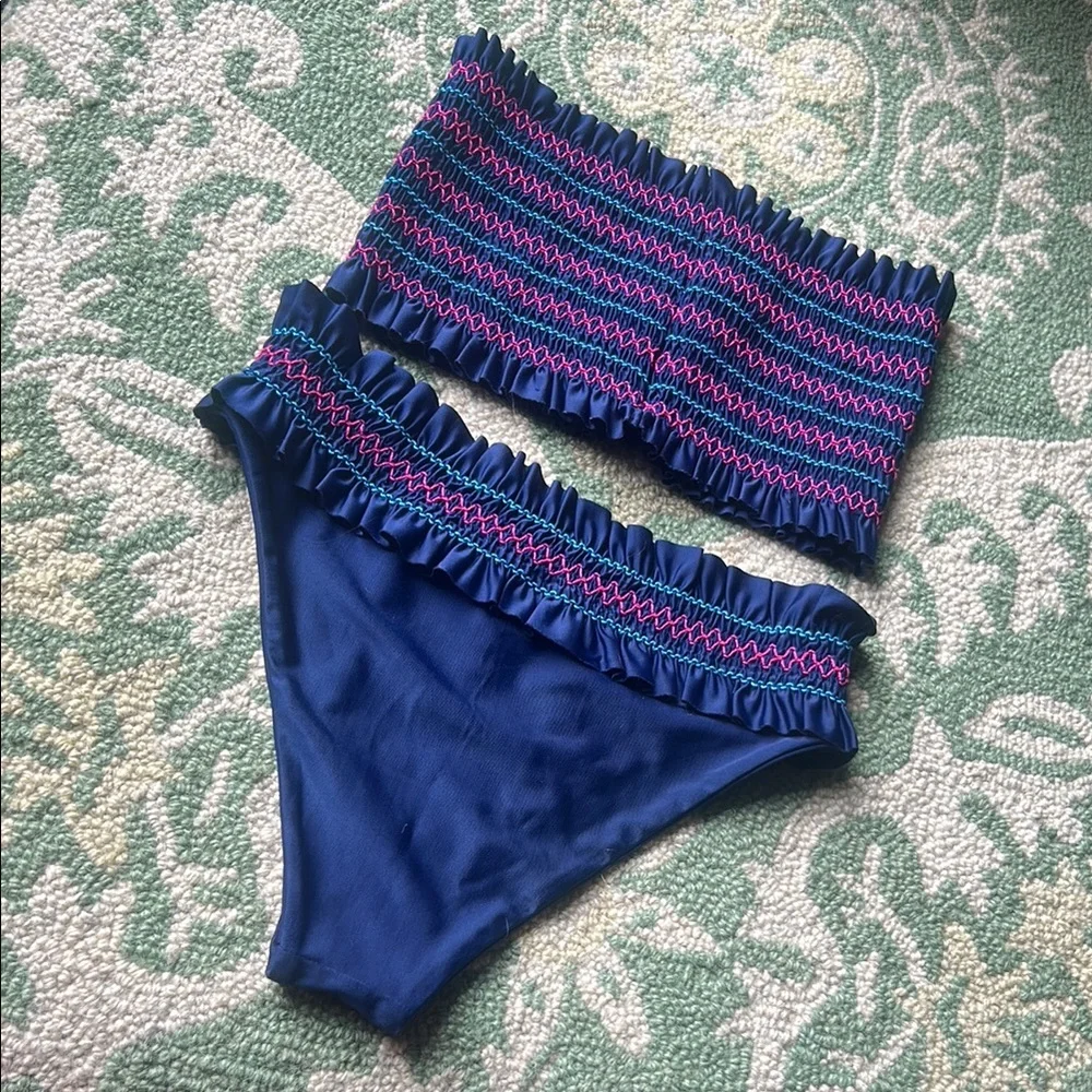 Mosmann Australia Navy Smocked Strapless Bikini Set Size Small‎